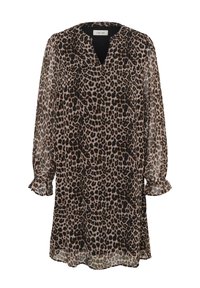 Rochie cu imprimeu leopard, cu mâneci lungi și elastic, decolteu în V și mansete volanate, realizată dintr-un material ușor și transparent în nuanțe de bej și negru.