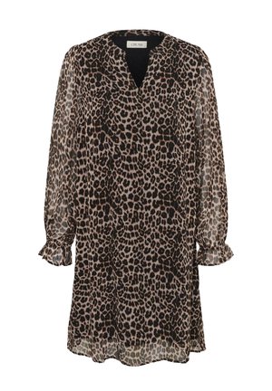 Leopardenmuster-Kleid mit langen, elastischen Ärmeln, einem V-Ausschnitt und Rüschensäumen, gefertigt aus leichtem, durchscheinendem Stoff in Beige- und Schwarztönen.