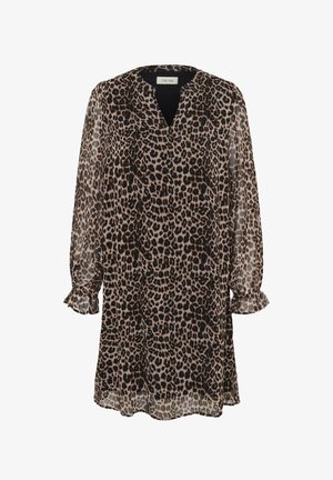 Leopardenmuster-Kleid mit langen, elastischen Ärmeln, einem V-Ausschnitt und Rüschensäumen, gefertigt aus leichtem, durchscheinendem Stoff in Beige- und Schwarztönen.