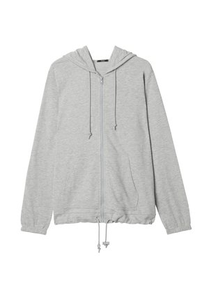 Haut de sweatshirt zippé gris clair en tissu doux et texturé. Doté d'une capuche, de cordons de serrage et de poches latérales. Les poignets et l'ourlet sont élastiques.