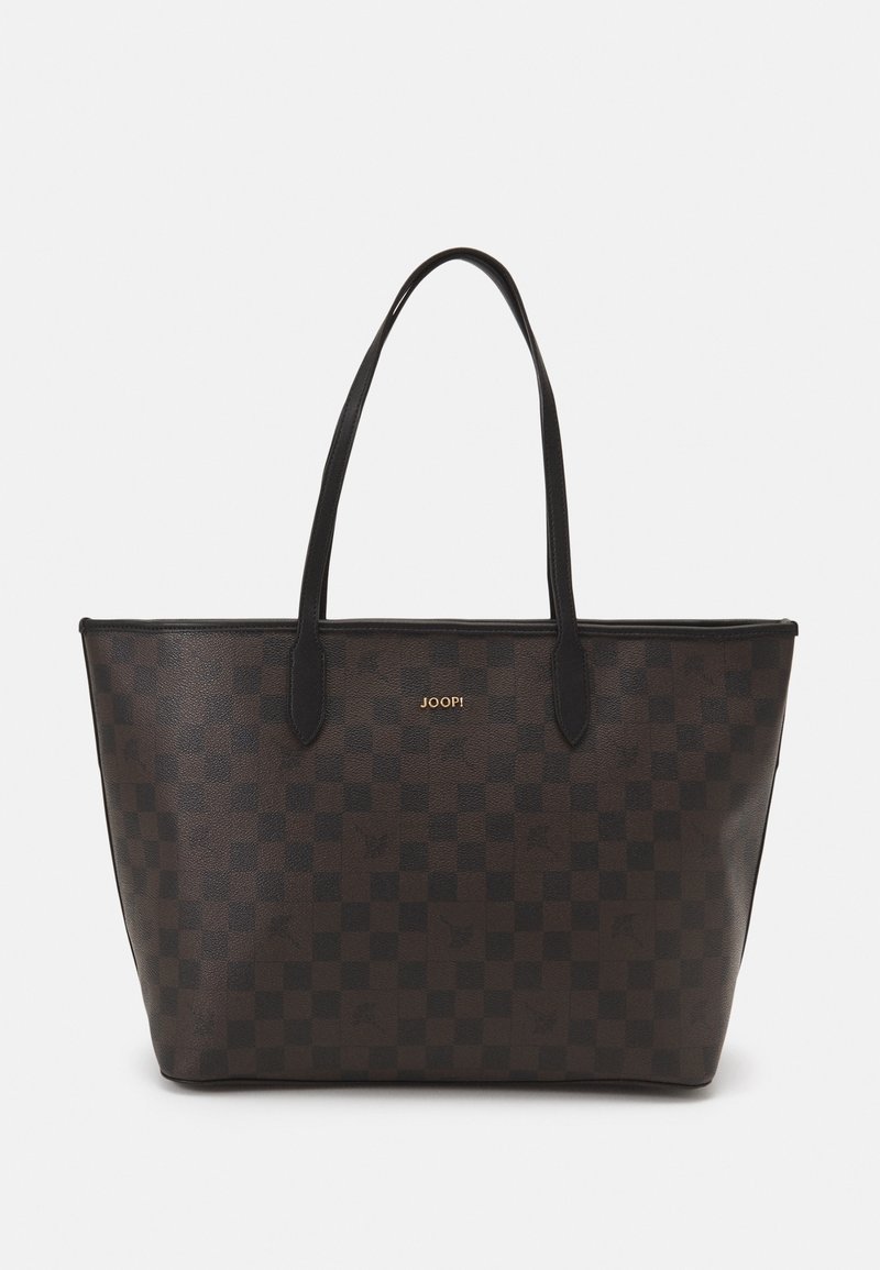 Sac fourre-tout à carreaux marron foncé avec de longues anses noires, arborant un petit logo doré "JOOP!" centré sur le devant.