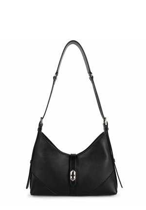 Borsa a spalla in pelle nera con design curvo, dotata di manico superiore, chiusura metallica e dettagli angolari sui lati.