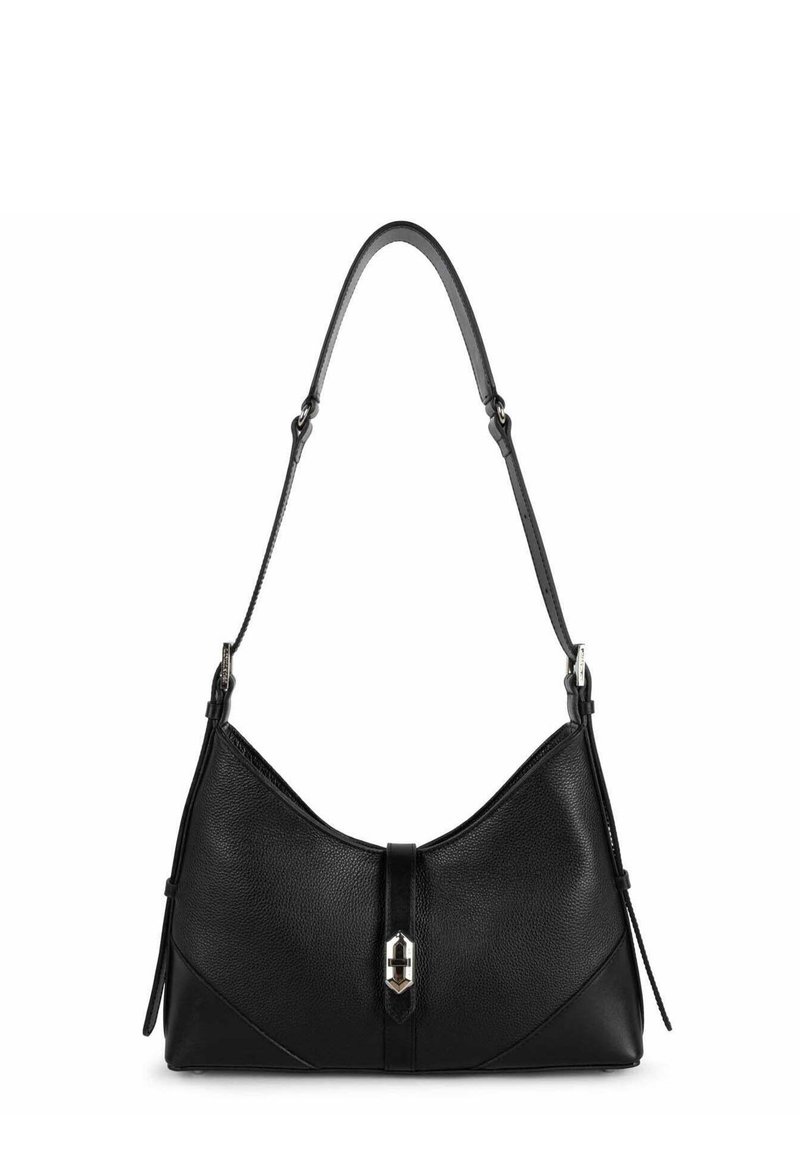 Borsa a spalla in pelle nera con design curvo, dotata di manico superiore, chiusura metallica e dettagli angolari sui lati.
