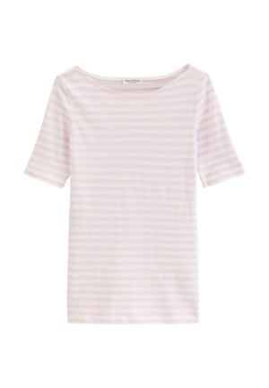 Hellrosa-weiß gestreiftes T-Shirt mit kurzen Ärmeln und rundem Halsausschnitt, flach liegend präsentiert.