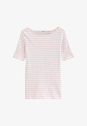 Hellrosa-weiß gestreiftes T-Shirt mit kurzen Ärmeln und rundem Halsausschnitt, flach liegend präsentiert.