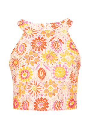 Mouwloze halternek crop top met levendige bloemen- en geometrische patronen in oranje, roze, geel en witte tinten.