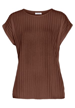 Bruine geribbelde blouse met korte mouwen, een ronde hals en een losse pasvorm, met een verticale geplooide textuur.