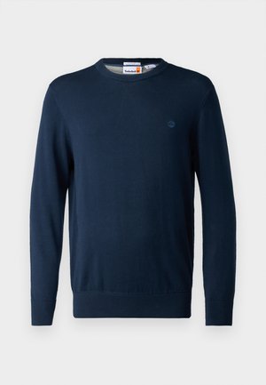 Niebieski sweter z dzianiny w kolorze navy, z okrągłym dekoltem, długimi rękawami i ściągaczami na mankietach. Posiada małe, wytłoczone logo na piersi.