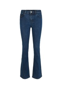 Helle dunkelblaue Jeans im Flared-Schnitt mit mittelhoher Taille, robustem Material und klassischem Fünf-Taschen-Design, ausgestattet mit einem Knopf- und Reißverschluss.