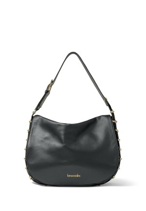 Sac à épaule en cuir noir avec une texture lisse, une forme arrondie et des accents en métal doré sur le côté. Logo de la marque visible.