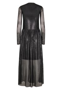 Robe noire à manches longues avec une surcouche transparente, dotée d'un corsage ajusté et d'une jupe plissée. Le tissu présente un léger scintillement.