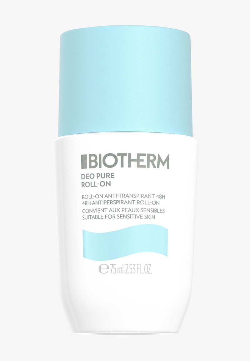 Roll-on antiperspirant i en hvit flaske med lys blå kork. Inneholder tekst om 48 timers beskyttelse og egnethet for sensitiv hud.