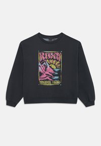Svart sweatshirt med en färgglad grafik som föreställer berg, sol och texten "ROXY PARADISE FOUND." Mjuk tyg och avslappnad passform.