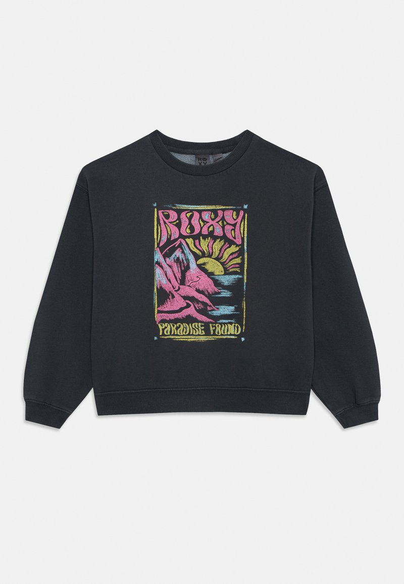 Zwarte sweatshirt met een kleurrijke grafiek van bergen, zon en de tekst "ROXY PARADISE FOUND." Zacht materiaal en een relaxte pasvorm.