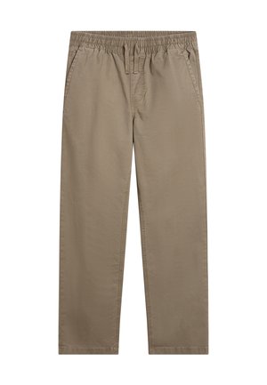 Pantalones beige de corte relajado con una cintura elástica, dos bolsillos laterales y una textura de tela suave. Estilo casual con piernas rectas.