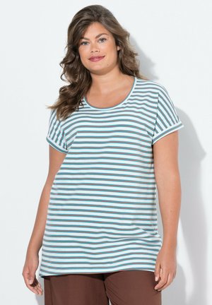 T-shirt rayé en bleu clair et blanc avec de fines rayures marron. Manches courtes et encolure dégagée. Tissu doux et léger.