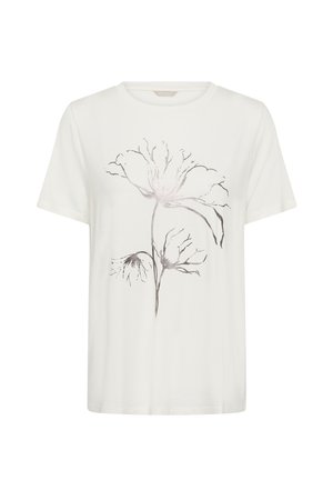Bílé tričko s krátkými rukávy s velkým, jemným stříbrno-šedým abstraktním květinovým motivem na přední straně.