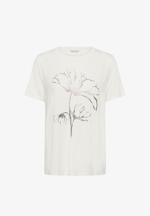 Bílé tričko s krátkými rukávy s velkým, jemným stříbrno-šedým abstraktním květinovým motivem na přední straně.