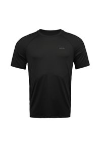 T-shirt athlétique noir à manches courtes en matériau évacuant l'humidité. Présente un col rond et un logo discret sur la poitrine.