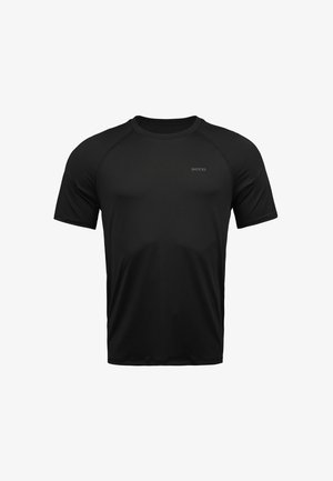 Zwarte sport-T-shirt met korte mouwen, gemaakt van vochtregulerend materiaal. Heeft een ronde hals en een subtiele logo op de borst.