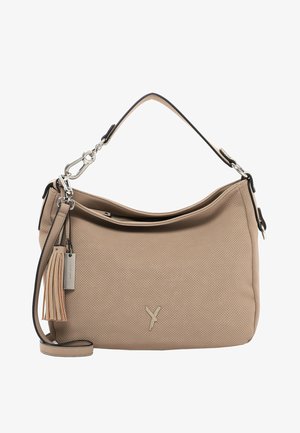 Beige perforated shoulder bag with a black strap, side tassel, and silver hardware, featuring a top zipper closure for secure storage.