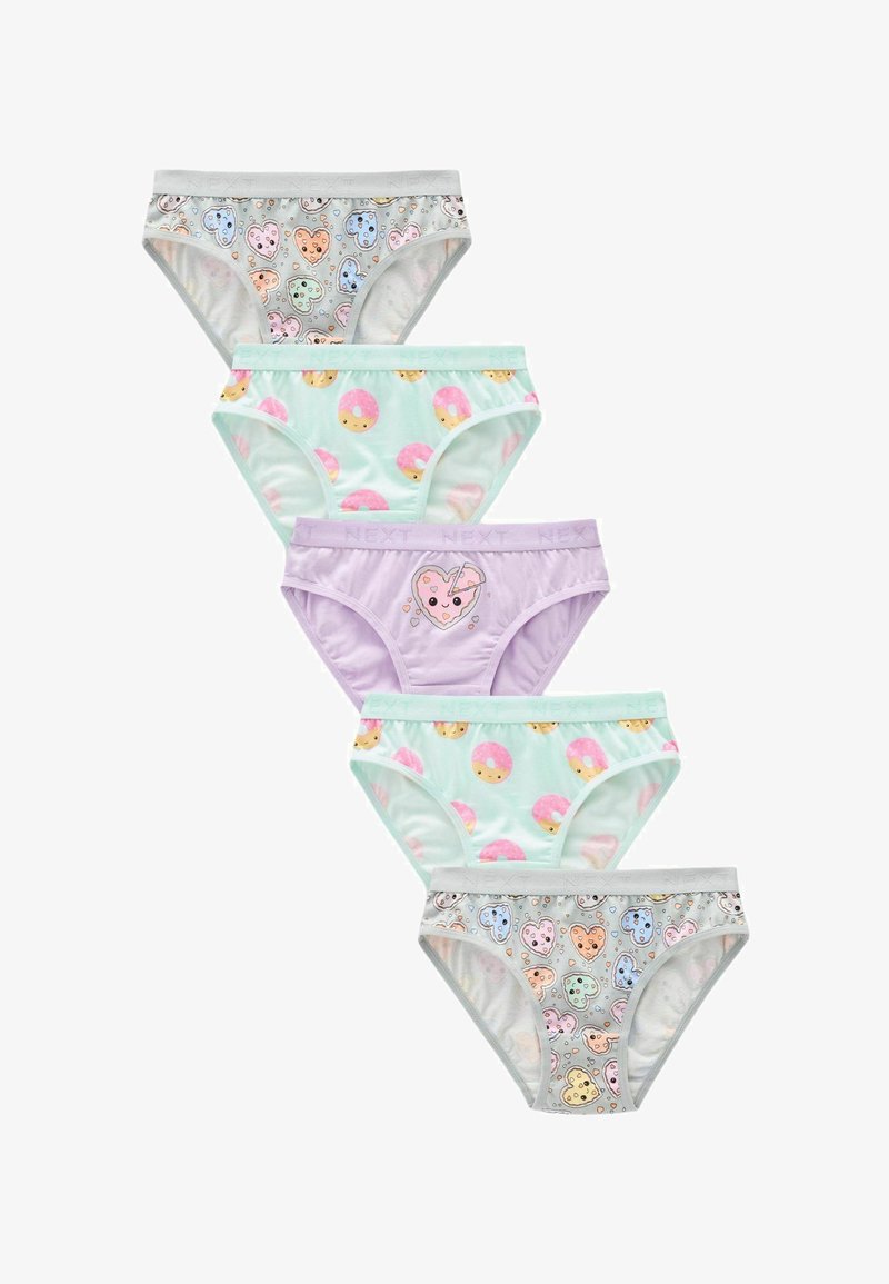 Penki mergaičių medvilniniai hipsterio tipo kelnaitės, dekoruotos žaismingais spurgų ir širdžių raštais pastelinių spalvų: pilkos, mėtų žalia ir lavandos.