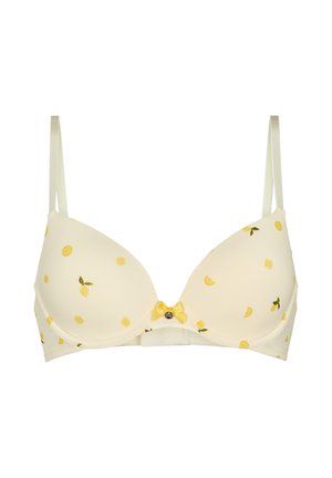 Crèmekleurige gewatteerde beha met gele citroendruk, verstelbare bandjes en een klein geel lintstrikje in het midden vooraan.