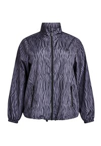 Windbreaker-Jacke im schwarz-grau gestreiften Zebra-Design, mit hohem Kragen, Reißverschluss, Seitentaschen und elastischen Bündchen mit verstellbarem Saum.