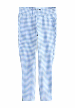 Blue and white gingham check leggings with front pockets and belt loops, slim fit, ankle length.