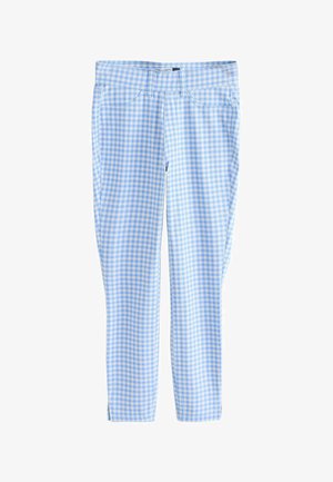 Colanți cu model gingham în carouri alb-albastru, cu buzunare frontale și bucle pentru curea, croială slim, lungime până la gleznă.
