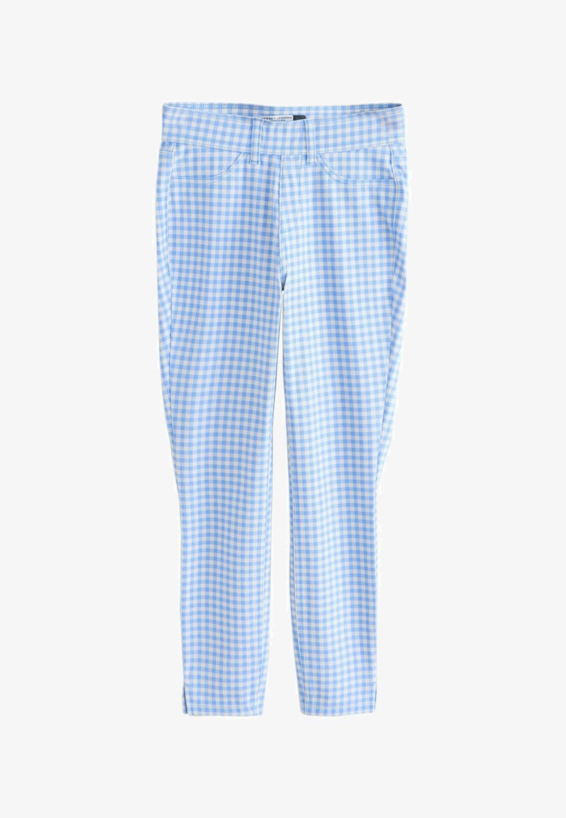 Leggings à carreaux vichy bleu et blanc avec poches avant et passants pour ceinture, coupe ajustée, longueur cheville.