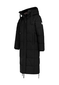 Schwarze Pufferjacke aus robustem Material mit Kapuze, Reißverschluss, Fronttaschen und einem langen, geraden Schnitt. Verfügt über ein gestepptes Muster.