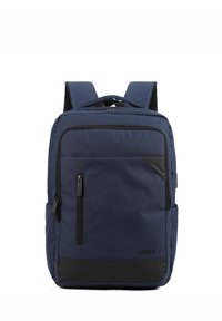 Navy blue backpack with a textured fabric, dual adjustable straps, front zip pocket, and black bottom panel. Features a top handle.