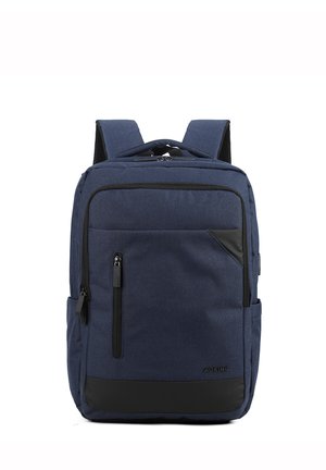 Navy blue backpack with a textured fabric, dual adjustable straps, front zip pocket, and black bottom panel. Features a top handle.