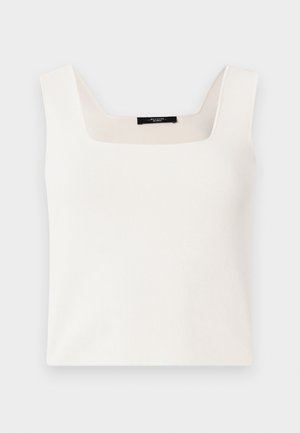 Top alb fără mâneci cu decolteu pătrat, realizat dintr-un material neted și moale. Prezintă o croială lejeră și un design minimalist.