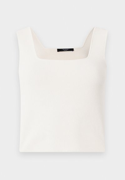 Sleeveless white top with a square neckline, made from a smooth, soft fabric. Features a relaxed fit and minimalistic design.