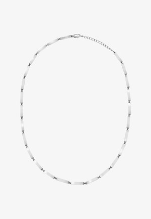 Srebrna naszyjnik z wydłużonymi prostokątnymi ogniwami połączonymi małymi elementami metalowymi, z zapięciem i regulowaną długością łańcuszka.