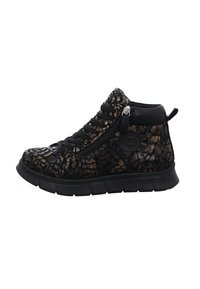 Black high-top sneaker with textured reptile-patterned upper, rubber sole, lace closure, and side zipper for easy access.