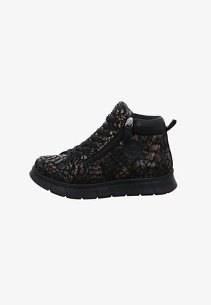 Black high-top sneaker with textured reptile-patterned upper, rubber sole, lace closure, and side zipper for easy access.
