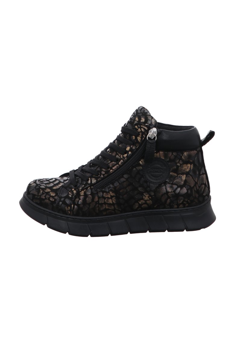 Black high-top sneaker with textured reptile-patterned upper, rubber sole, lace closure, and side zipper for easy access.