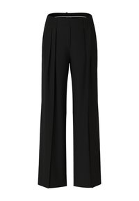 Black wide-leg trousers with a high waistband, featuring front pleats, a smooth fabric texture, and no visible hardware or accents.