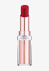 Red lipstick in a clear and metallic packaging. The tube features a shiny rose gold body with a smooth, glossy red top.