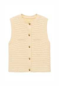 Kremowa dzianinowa kamizelka o fakturowanym wzorze, z okrągłym dekoltem, dwoma przednimi kieszeniami i złotymi guzikami z przodu.