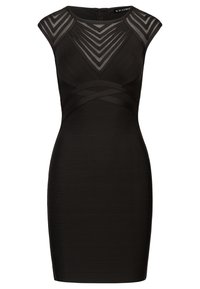 Zwarte bodycon jurk met doorschijnende overlay en geometrische patronen. Strak ontwerp, geribbelde textuur en kapmouwen. Details met rits aan de achterkant.