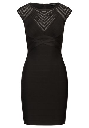 Robe noire moulante avec superposition transparente et motifs géométriques. Design ajusté, texture côtelée et manches courtes. Détail de fermeture éclair au dos.
