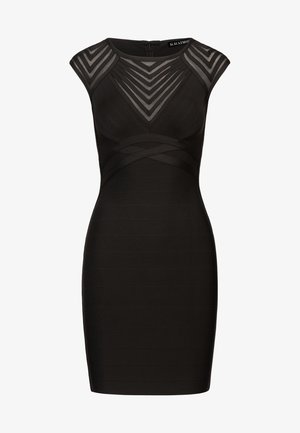 Czarna sukienka bodycon z przeźroczystą warstwą w geometryczne wzory. Dopasowany fason, prążkowana tekstura i krótkie rękawy. Zamek błyskawiczny z tyłu.
