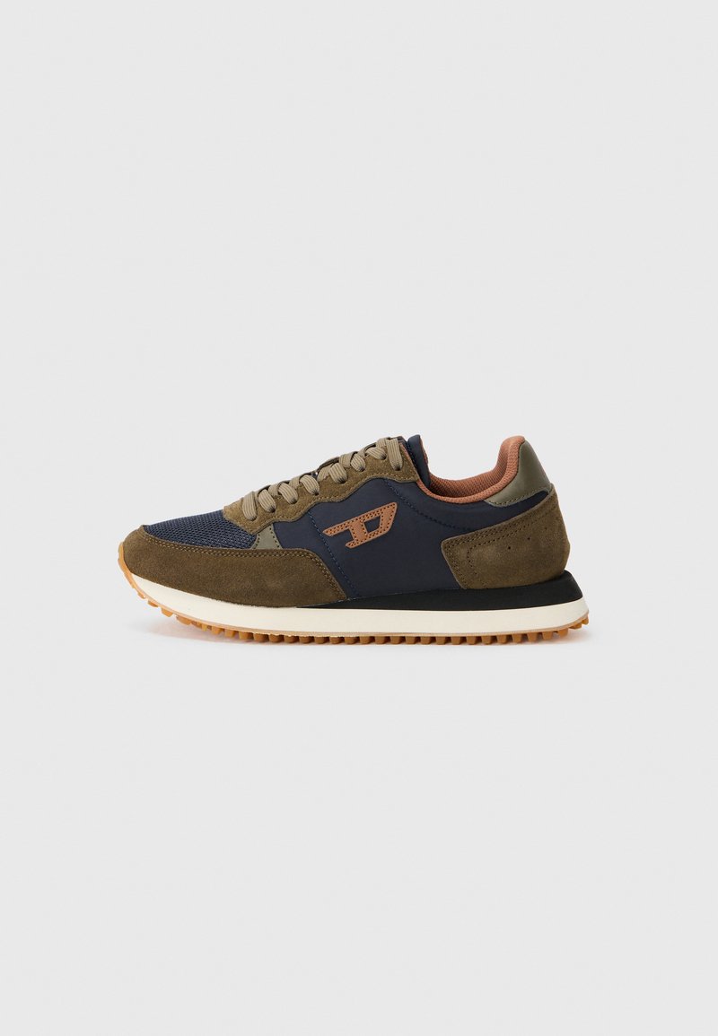 Sport sneakers featuring a navy mesh and olive suede upper, round toe, beige sole, and brown accents on the tongue and heel.