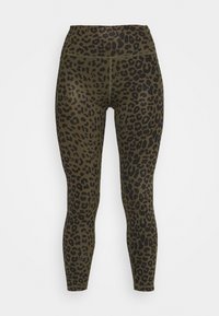 Legginsy z wysokim stanem w kolorze oliwkowym z czarnym wzorem w panterkę. Wykonane z elastycznej, gładkiej tkaniny.