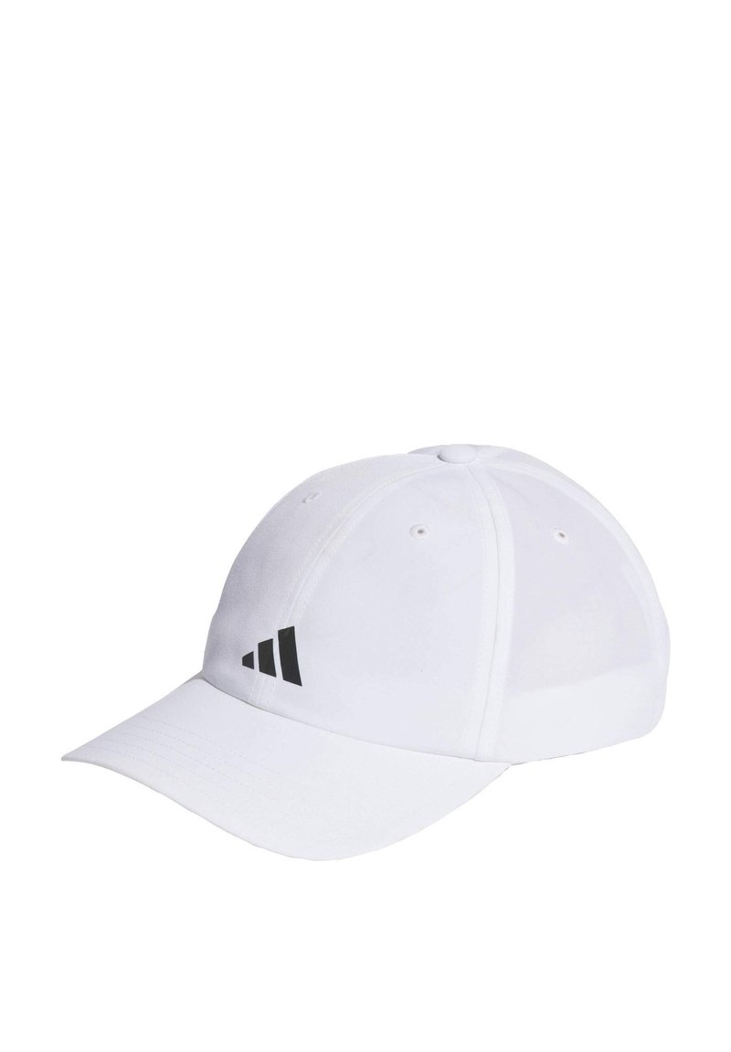 Gorra de béisbol blanca con visera curva, hecha de tela, que presenta tres rayas negras en el lado izquierdo y ojales de ventilación.