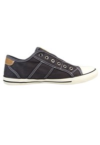 Sneaker na płótnie w ciemnoszarym kolorze, z białymi szwami, gumowym czubkiem i brązowym skórzanym akcentem na pięcie. Niskoprofilowy design z sznurowadłami.